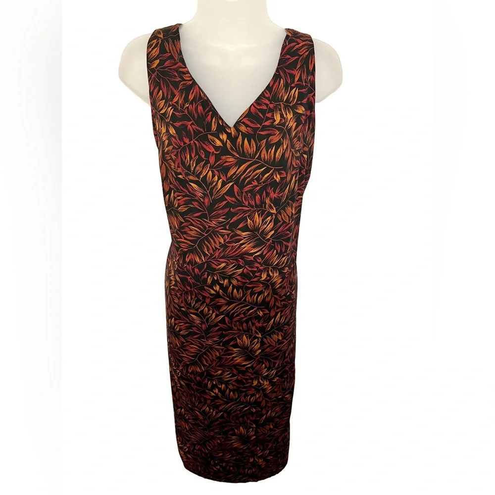 Vintage 90’s Studio One Maxi Dress 14 V Neck Black Orange Red Leaves Slit - Picture 1 of 7